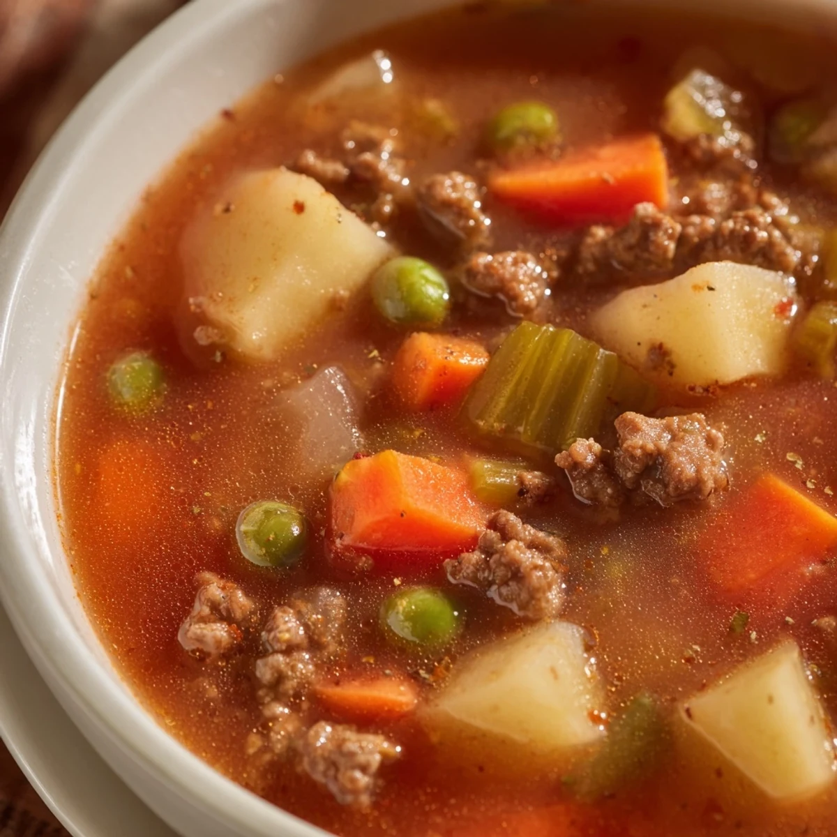 Hearty ground beef and potato soup served in a rustic mug with crusty bread
