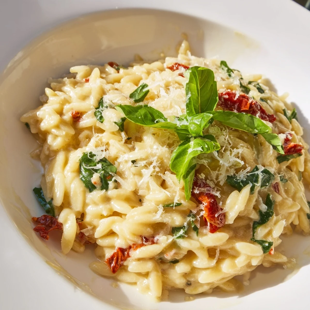 Creamy Tuscan orzo in a skillet with vibrant spinach, sun-dried tomatoes, and melted Parmesan cheese