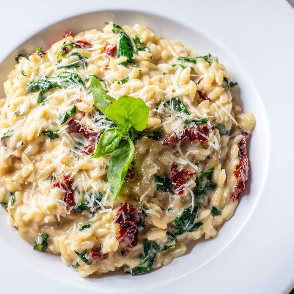 Steaming bowl of Creamy Tuscan orzo garnished with fresh basil and extra grated cheese