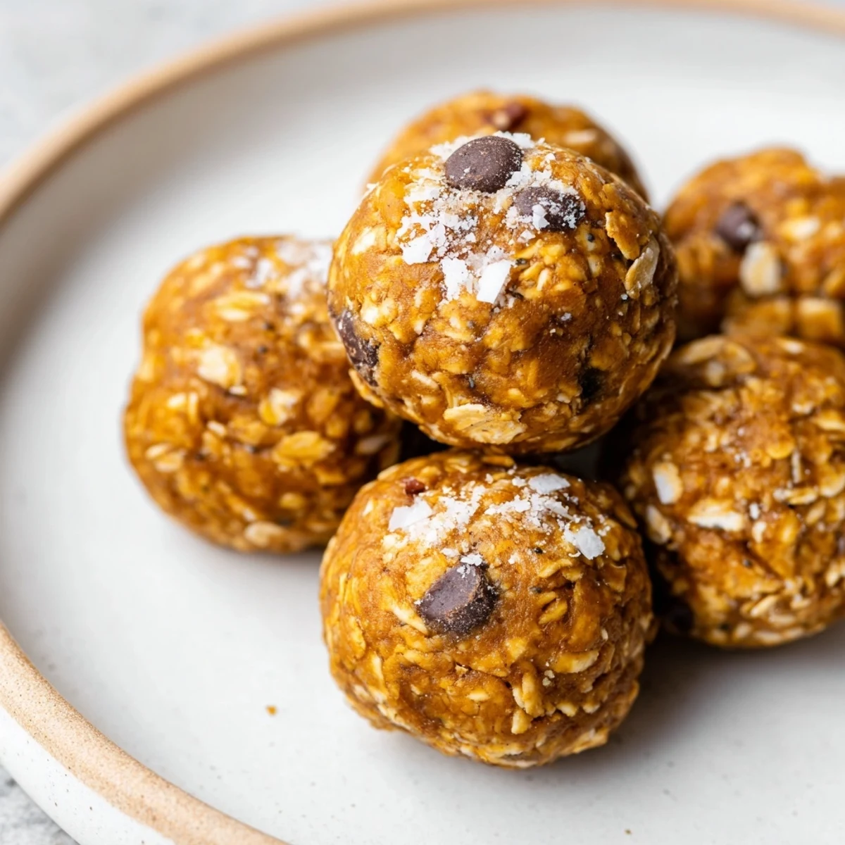 Chewy no bake pumpkin protein balls coated in oats and warm spices on parchment paper
