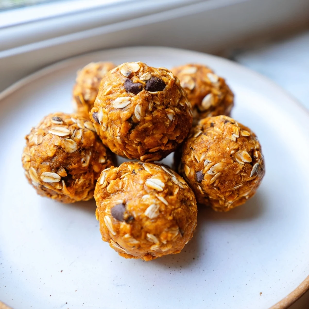 Golden no bake pumpkin protein balls arranged on a rustic wooden serving board