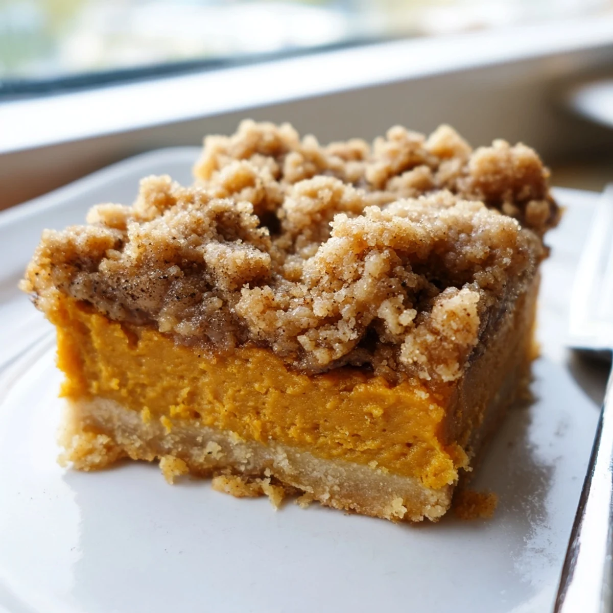 Golden brown sugar maple pumpkin butter bars with crumbly streusel topping on a rustic plate