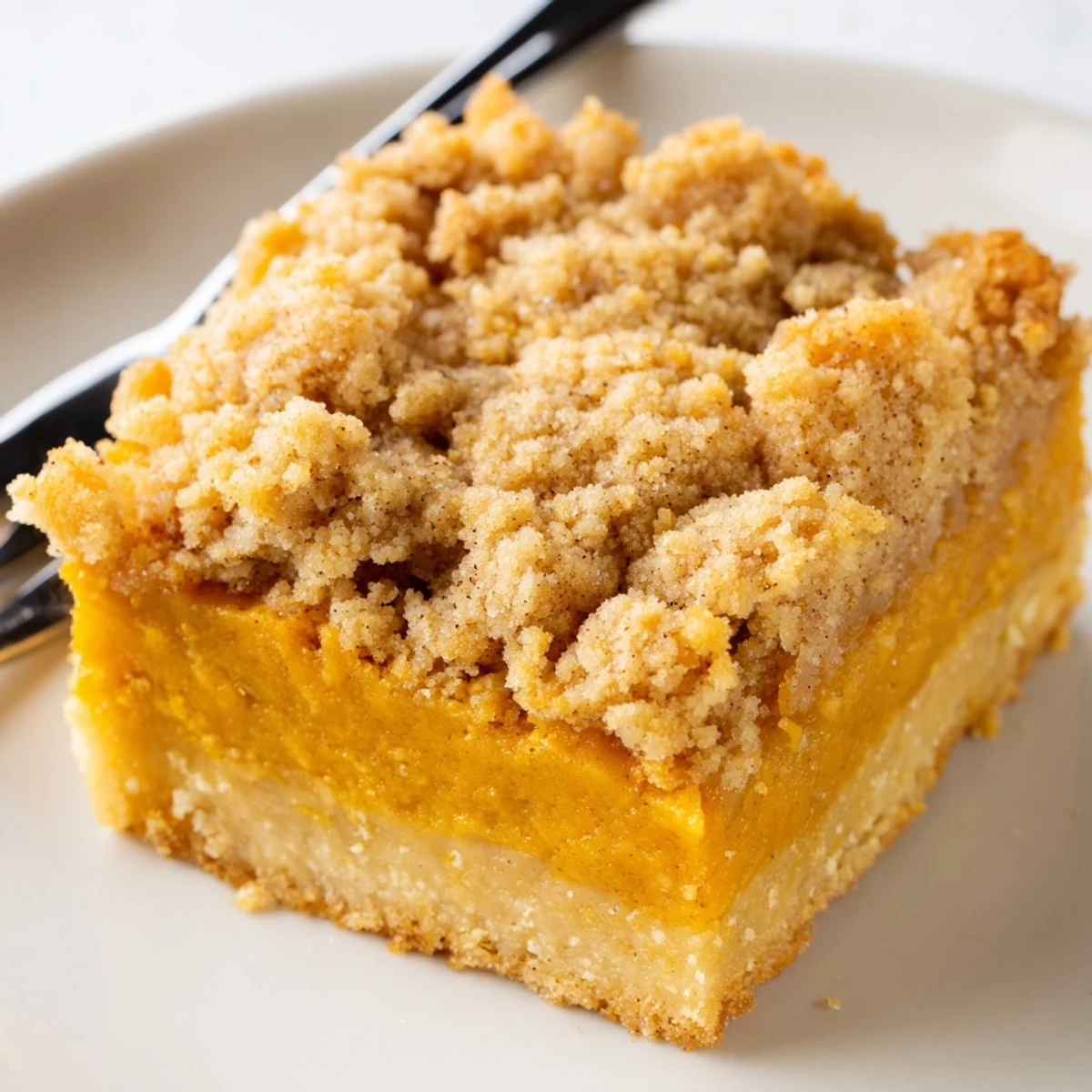 Creamy brown sugar maple pumpkin butter bars sliced and dusted with warm cinnamon spice