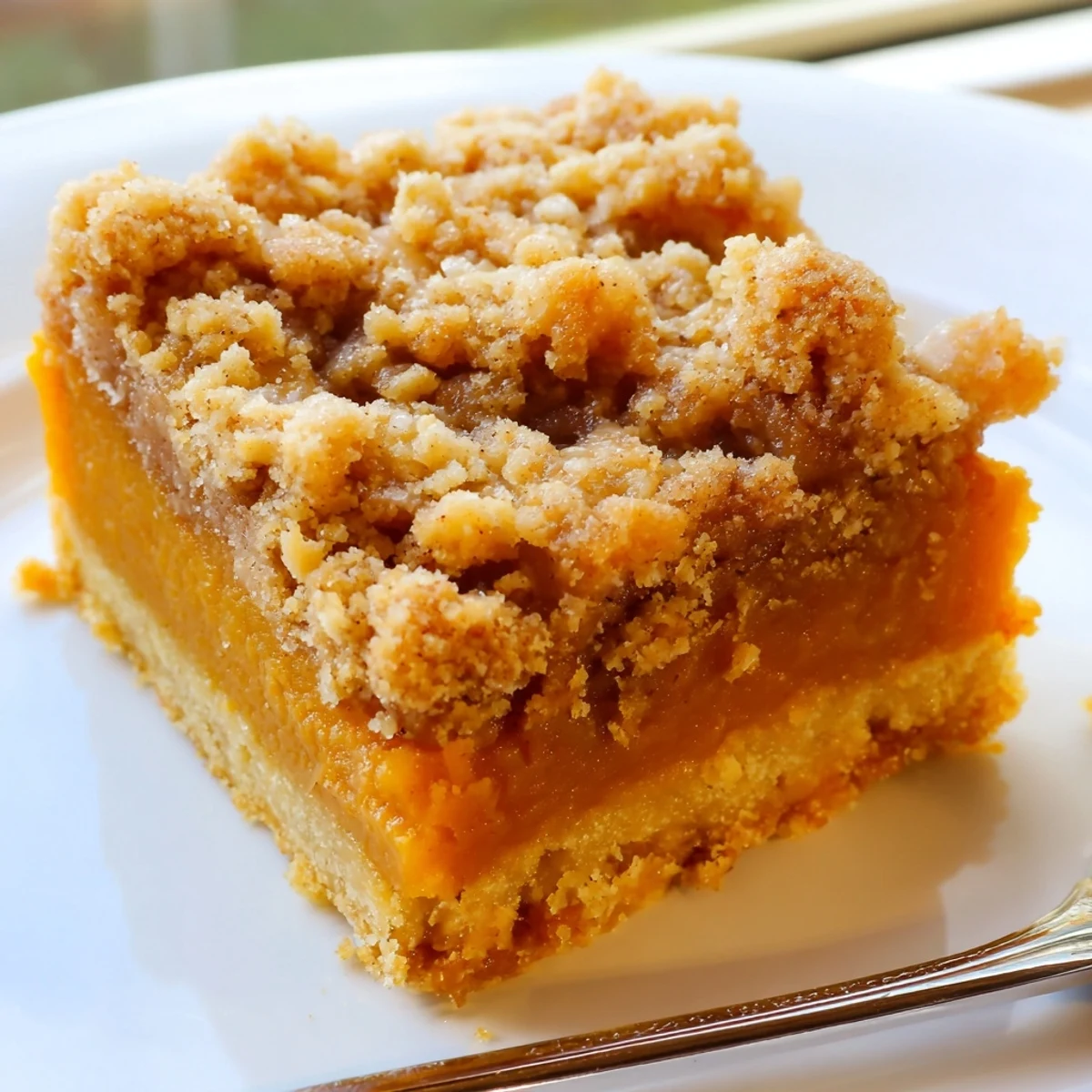 Warm brown sugar maple pumpkin butter bars topped with streusel beside a steaming mug