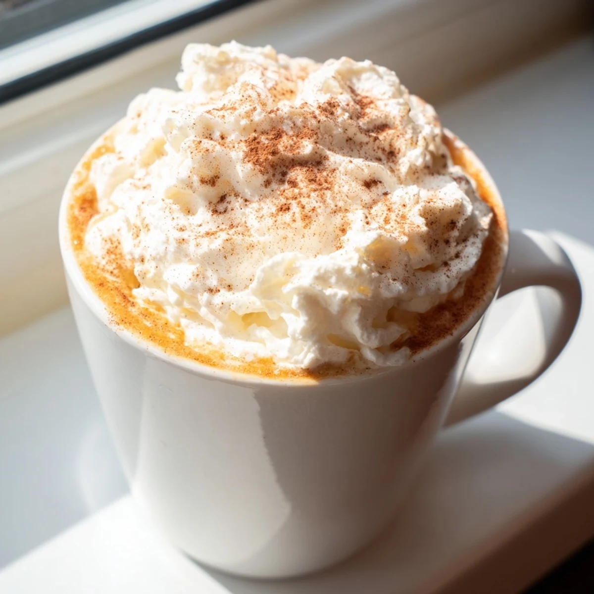Creamy homemade pumpkin spice latte topped with whipped cream and cinnamon dust