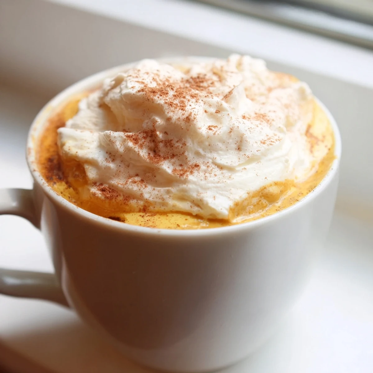 Steaming homemade pumpkin spice latte in a cozy mug on an autumn morning