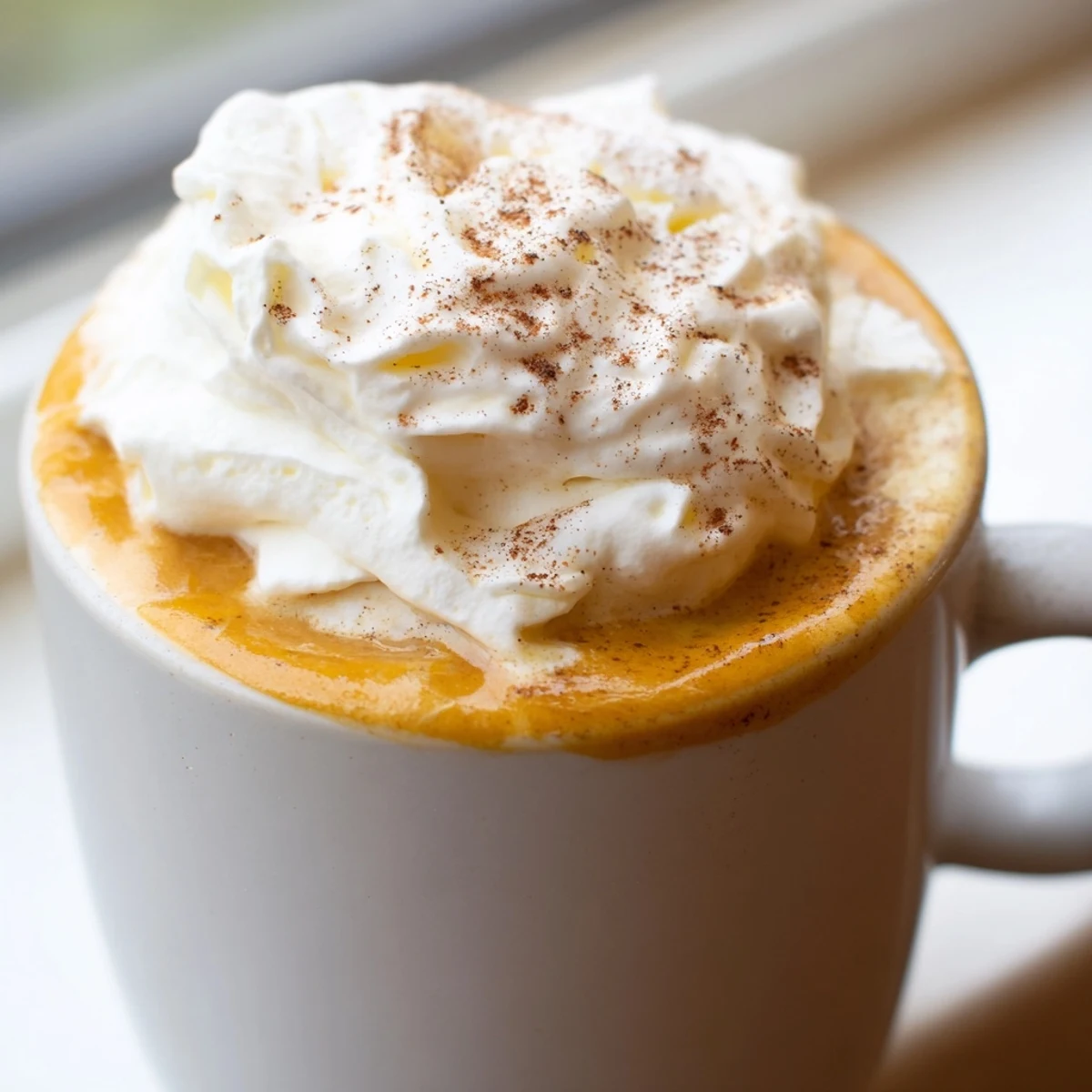 Rich homemade pumpkin spice latte with frothy milk and a swirl of pumpkin purée