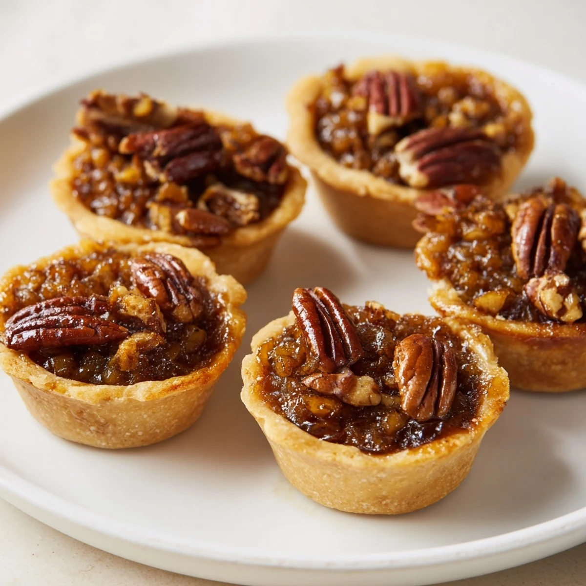 Golden bite-sized mini pecan pies with gooey caramel filling on a rustic baking sheet