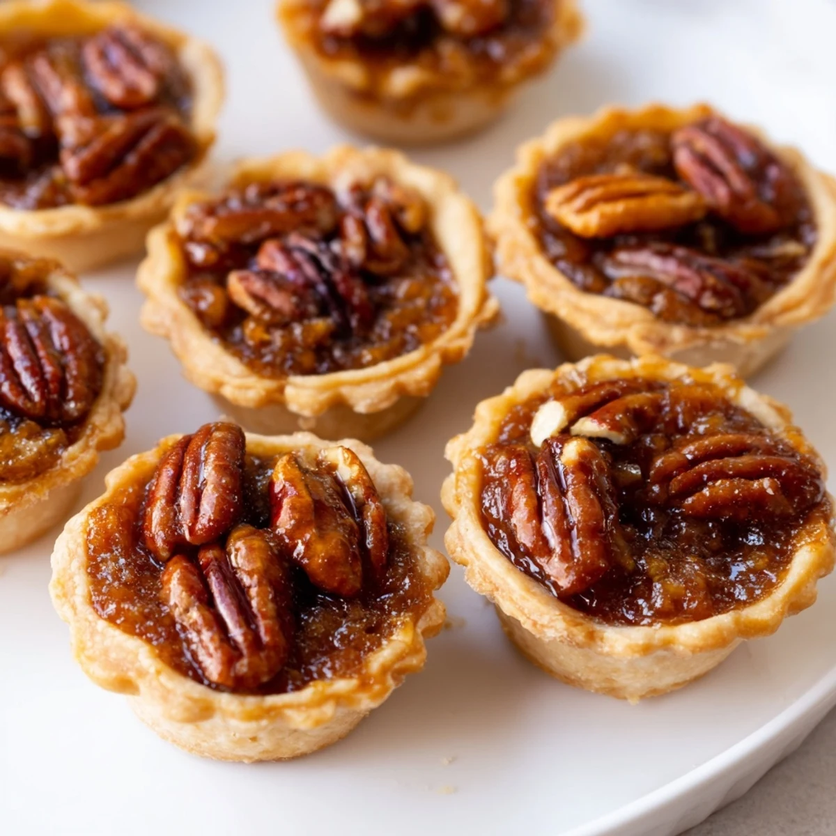 Crunchy pecan-topped mini pecan pies arranged on a festive holiday dessert platter