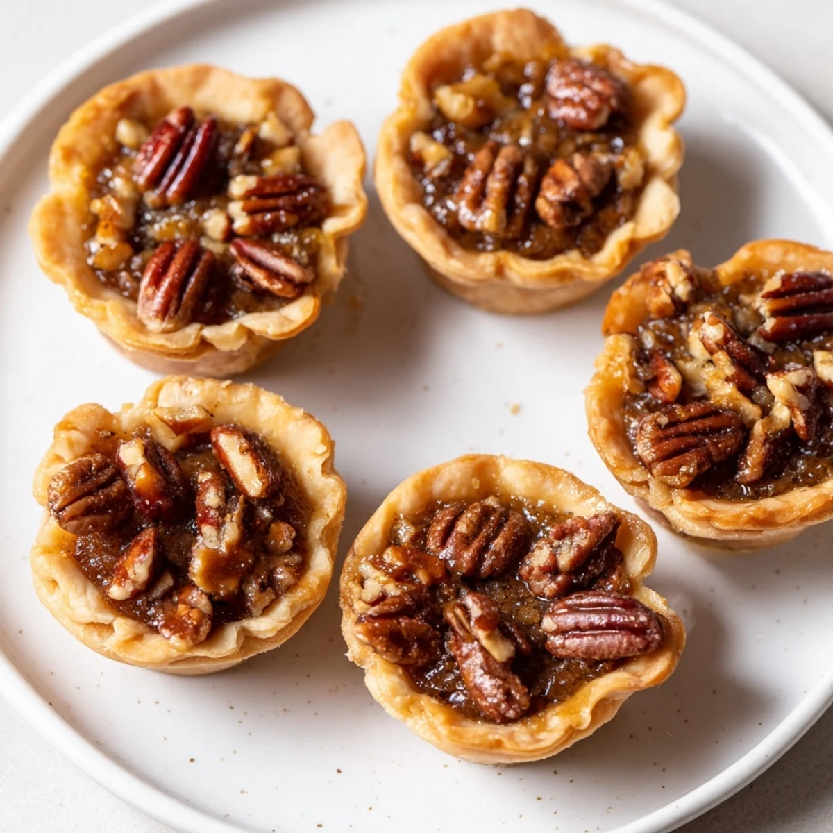 Warm mini pecan pies drizzled with whipped cream in a mini muffin tin