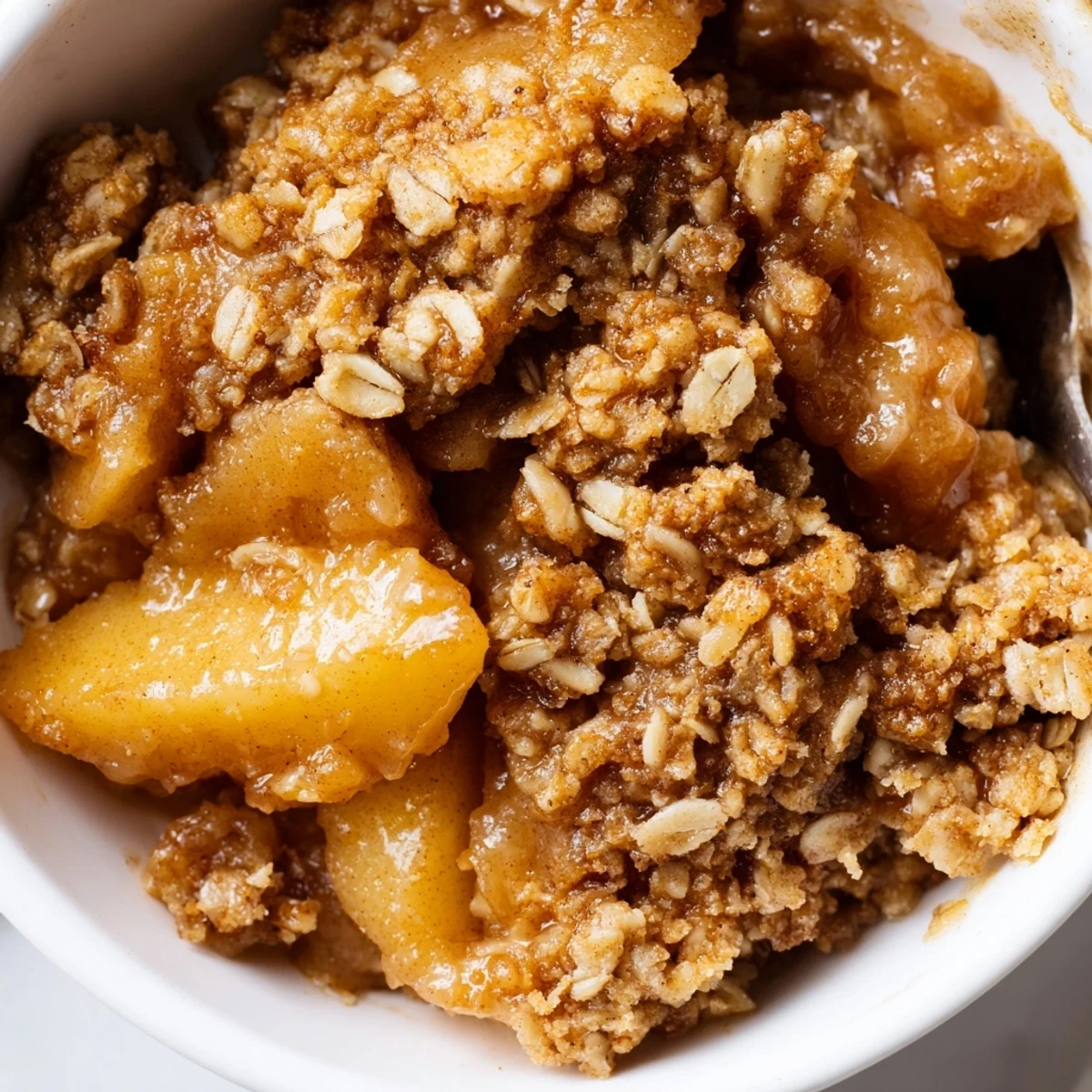 Warm crockpot apple crisp with golden oat topping served in a rustic dish