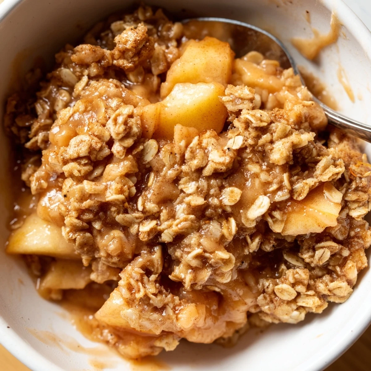 Tender cinnamon apples beneath a buttery crumb layer in this slow cooker apple crisp