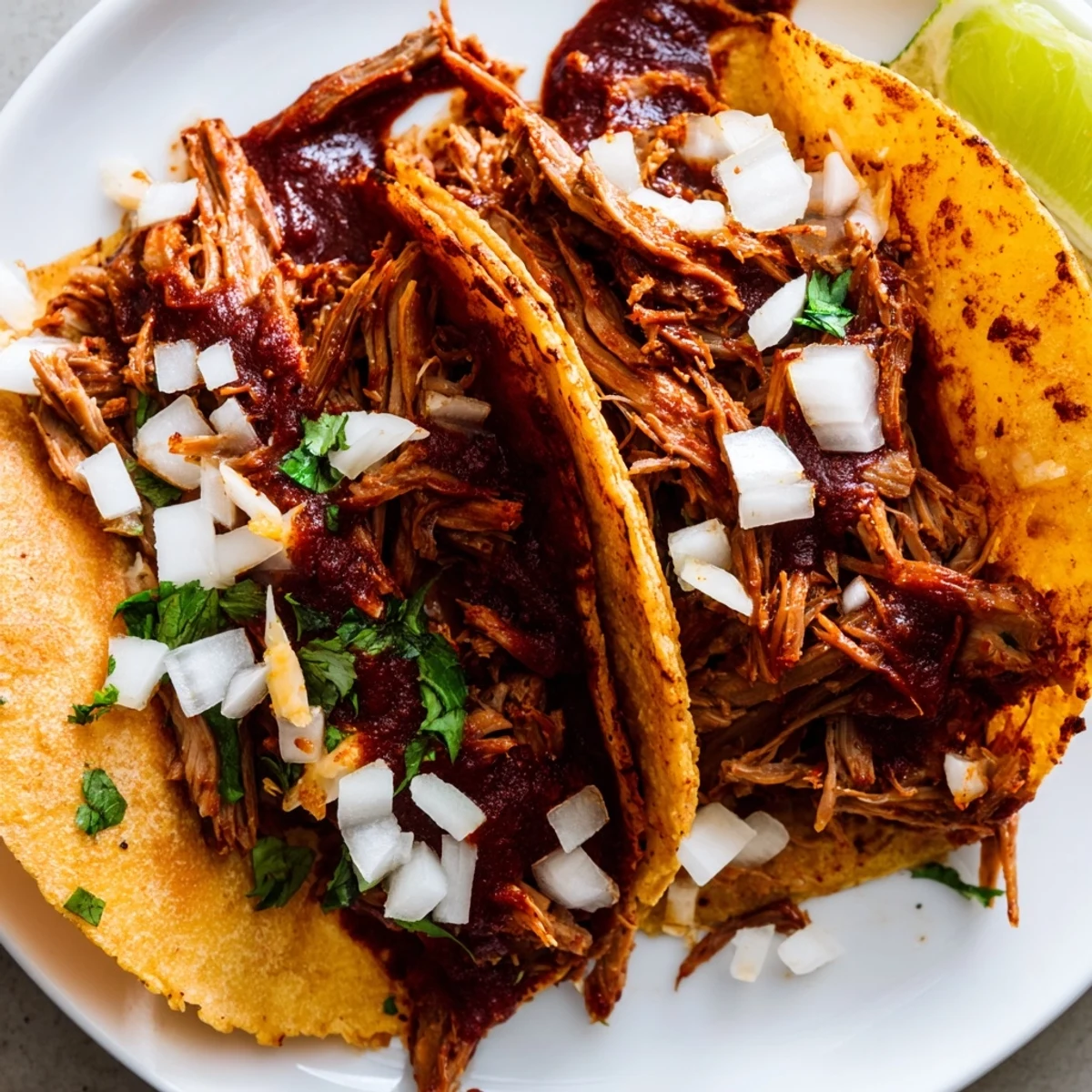 Crispy slow cooker birria tacos piled with shredded beef, onion, and cilantro