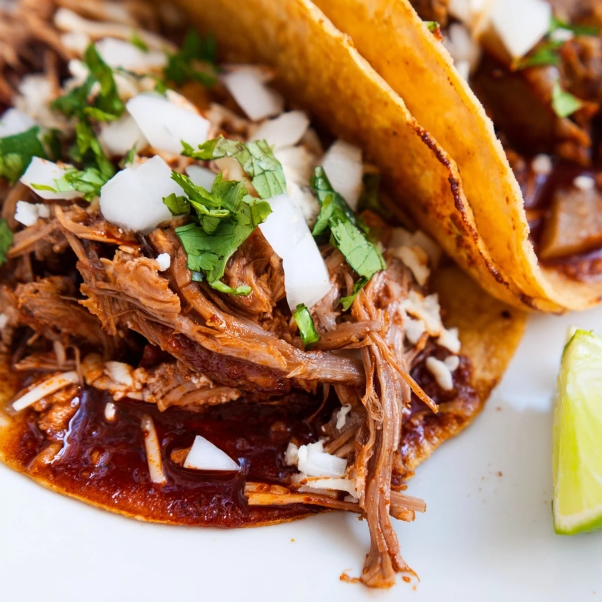 Golden birria tacos dipped in rich red consommé beside fresh lime wedges