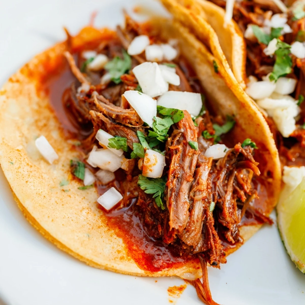 Slow cooker birria tacos oozing melted cheese with a steaming cup of consommé