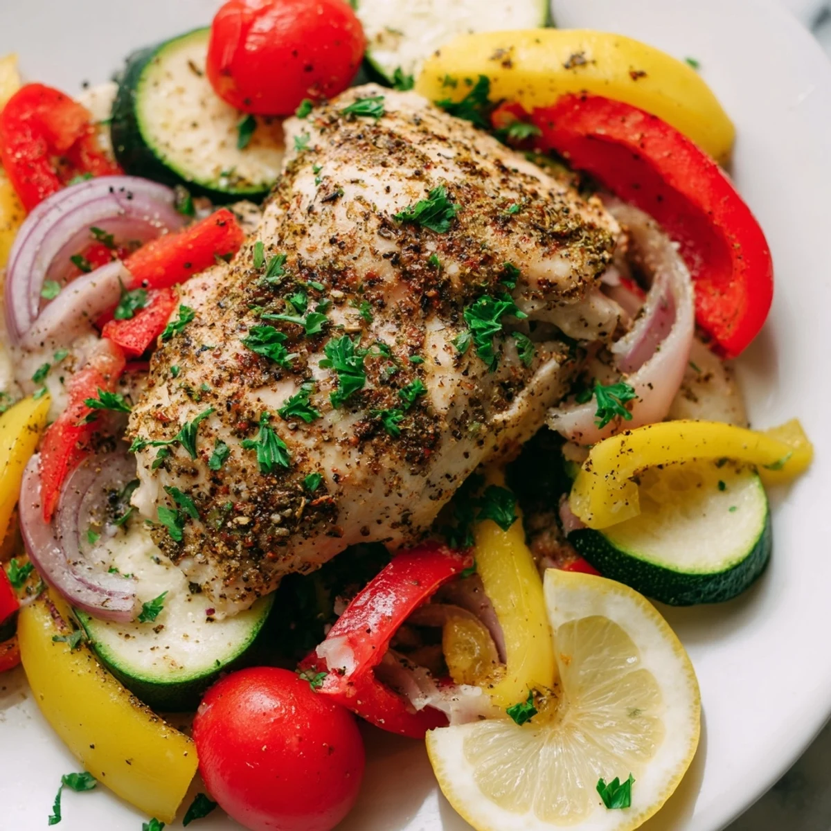 Juicy chicken foil packets recipe with roasted bell peppers and zucchini on a baking sheet