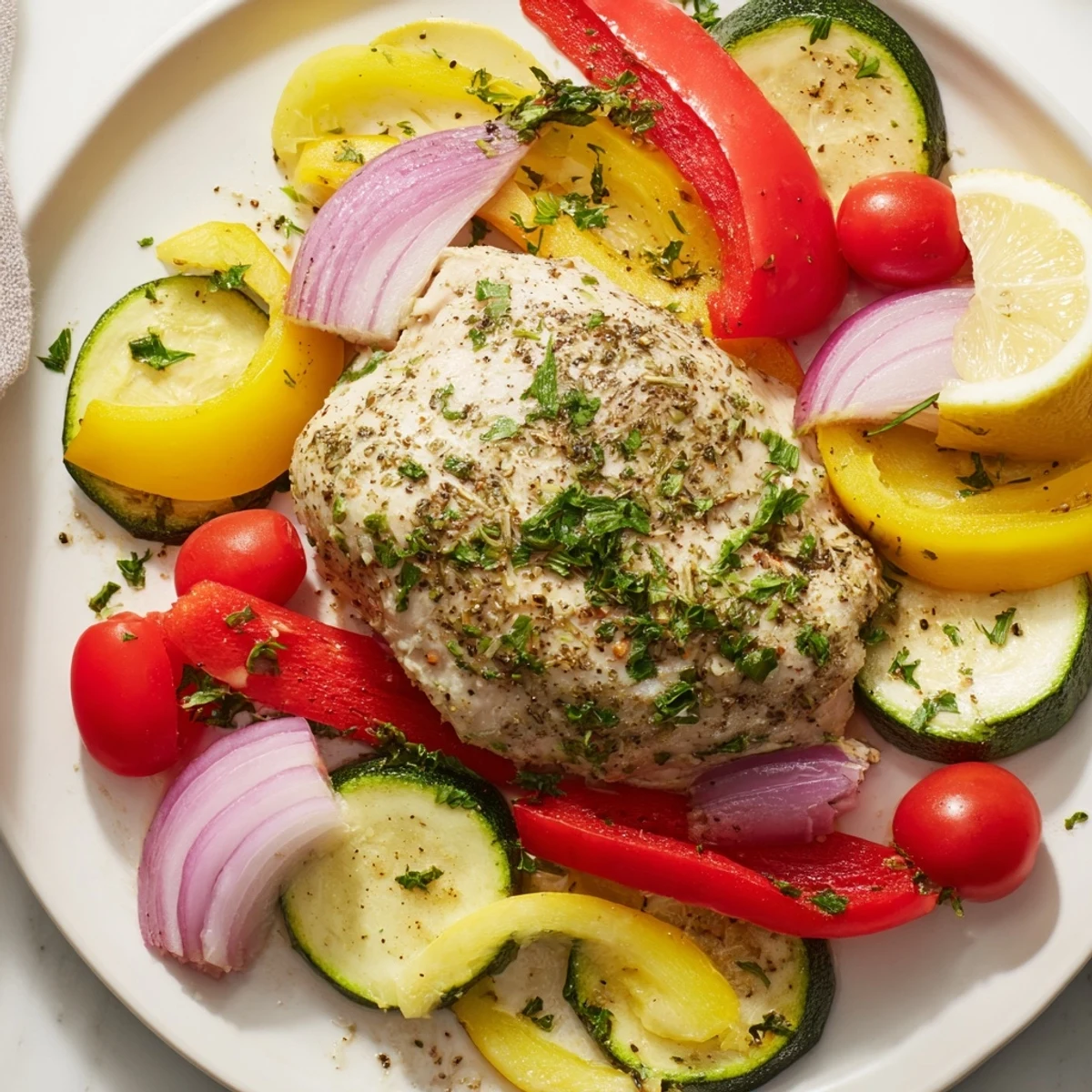 Golden chicken foil packets recipe served open on a plate with a lemon wedge