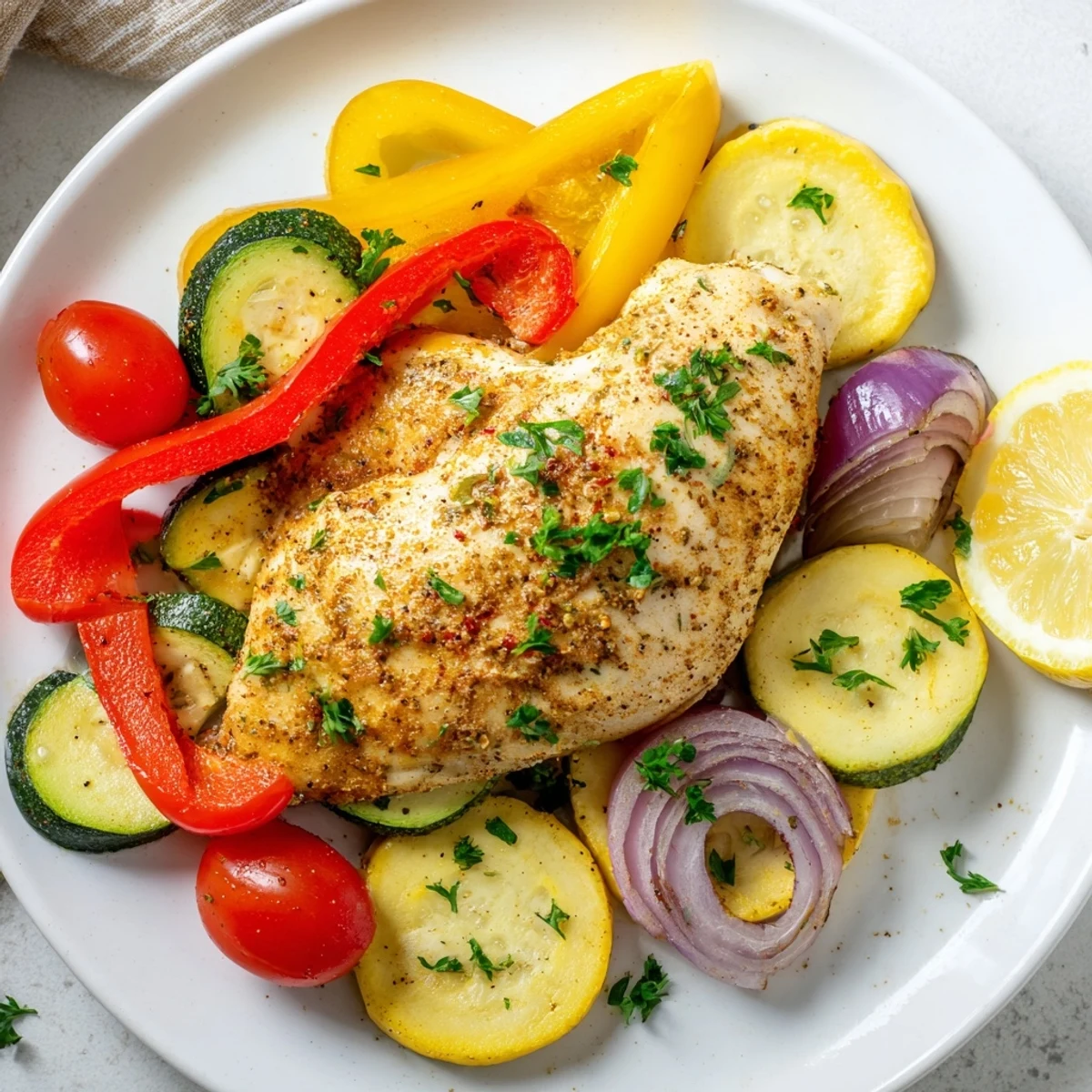 Steaming chicken foil packets recipe filled with colorful squash and cherry tomatoes fresh from the oven