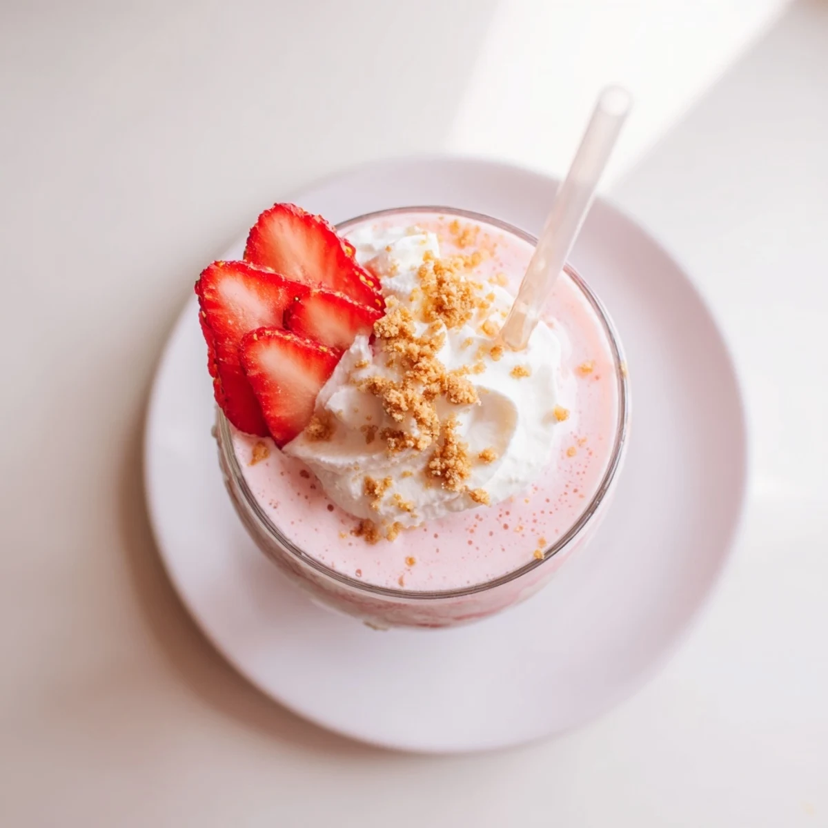 Thick strawberry cheesecake milkshake topped with whipped cream and graham cracker crumbs