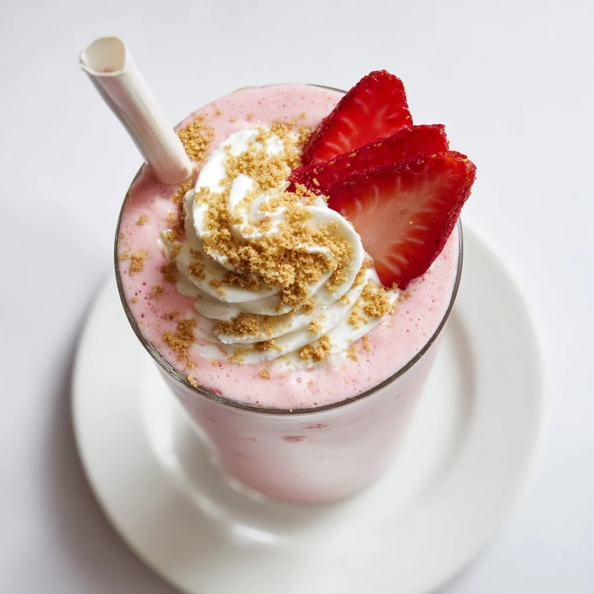 Creamy strawberry cheesecake milkshake garnished with graham cracker crumbs and a straw