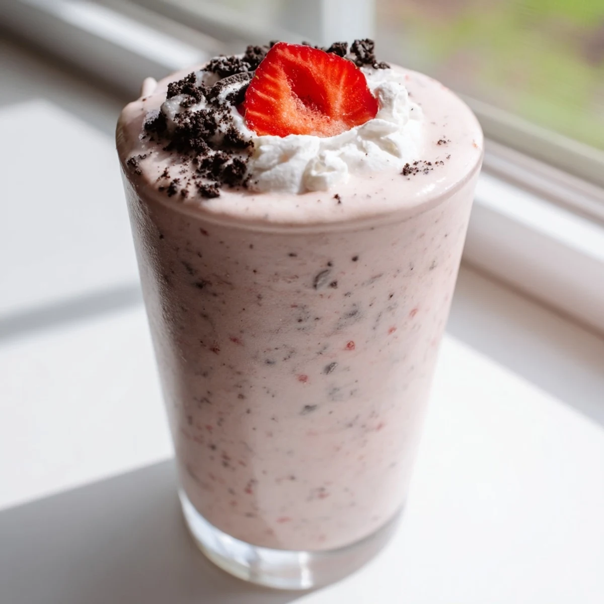 Thick strawberry Oreo milkshake topped with whipped cream and crushed cookie pieces in a chilled glass
