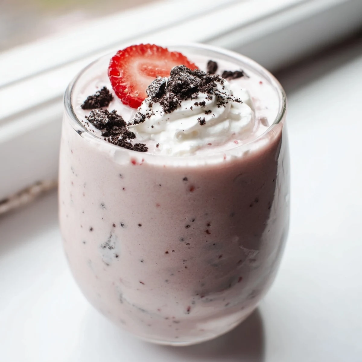 Pink creamy strawberry Oreo milkshake drizzled with strawberry slices and a fluffy whipped cream swirl
