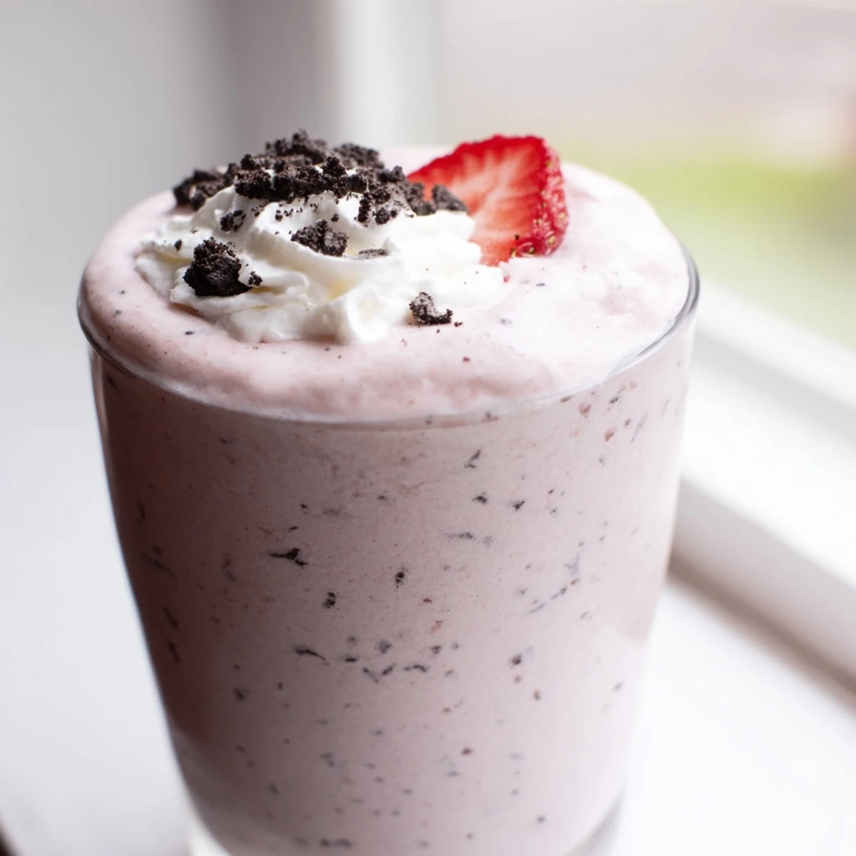 Two tall glasses of blended strawberry Oreo milkshake garnished with fresh berries and cookie crumbles