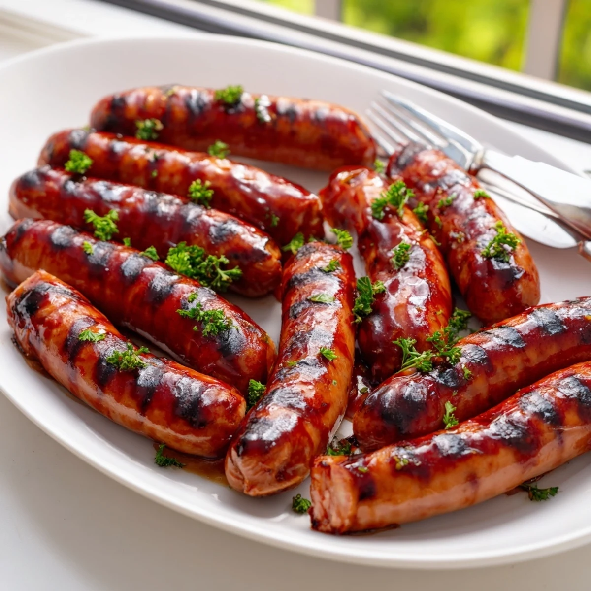 Juicy grilled sausages coated in sticky barbecue sauce glaze on a summer cookout platter.