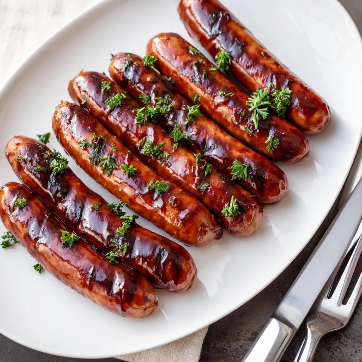 Smoky BBQ sausage recipe served in toasted buns with parsley, onions, and pickle slices.