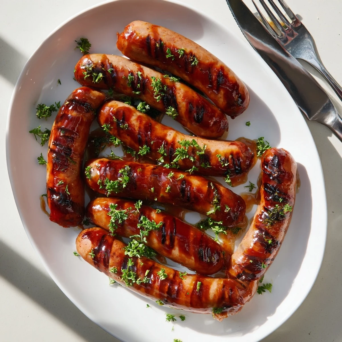 Tangy caramelized barbecue sauce glistening over perfectly grilled sausages resting on a warm plate.