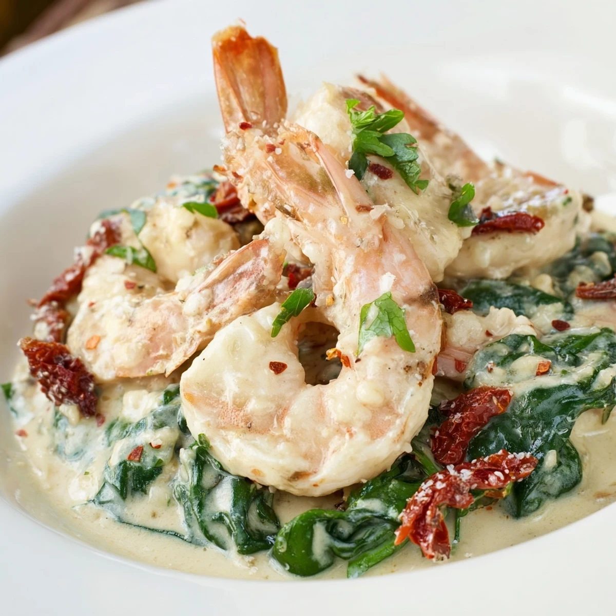 Golden seared shrimp nestled in a rich garlic parmesan sauce with wilted spinach for Keto Creamy Tuscan Shrimp