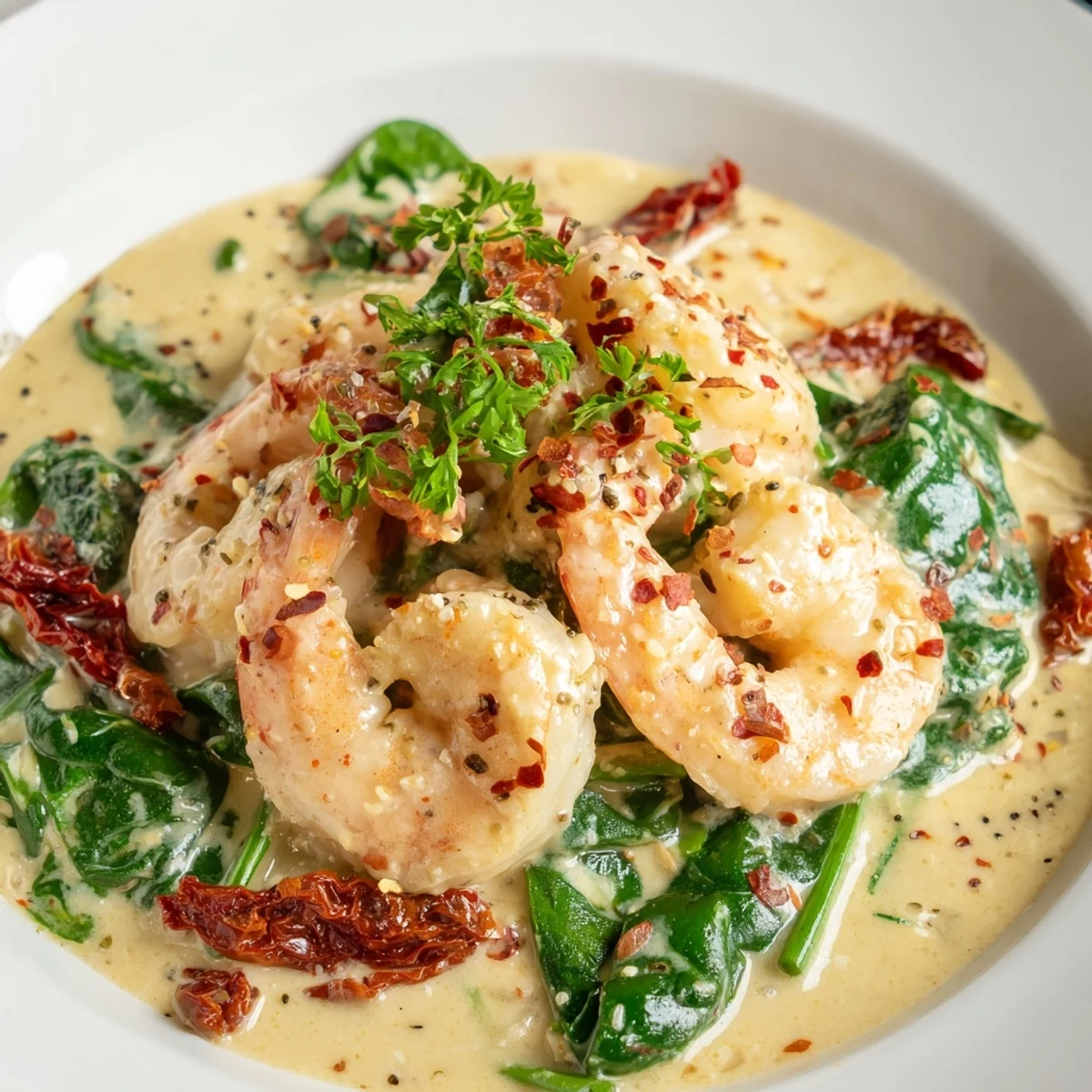 Plump pink shrimp tossed with sun-dried tomatoes in a velvety cream sauce, served over zucchini noodles as Keto Creamy Tuscan Shrimp