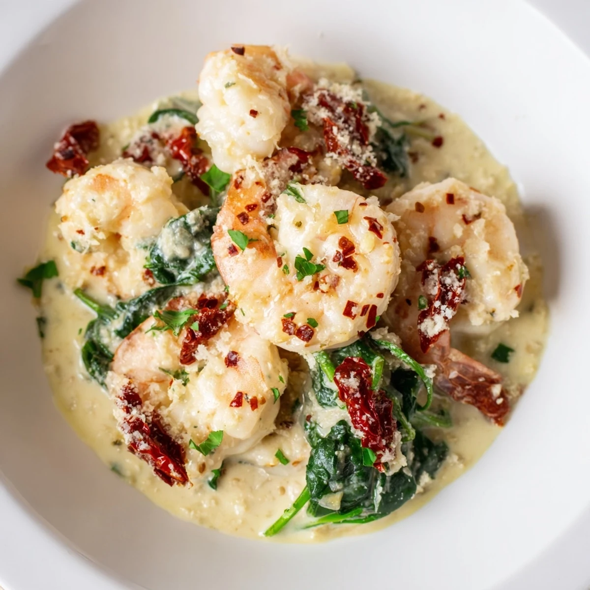 A skillet of Keto Creamy Tuscan Shrimp garnished with fresh parsley, featuring tender shrimp in a thick cheesy Italian sauce