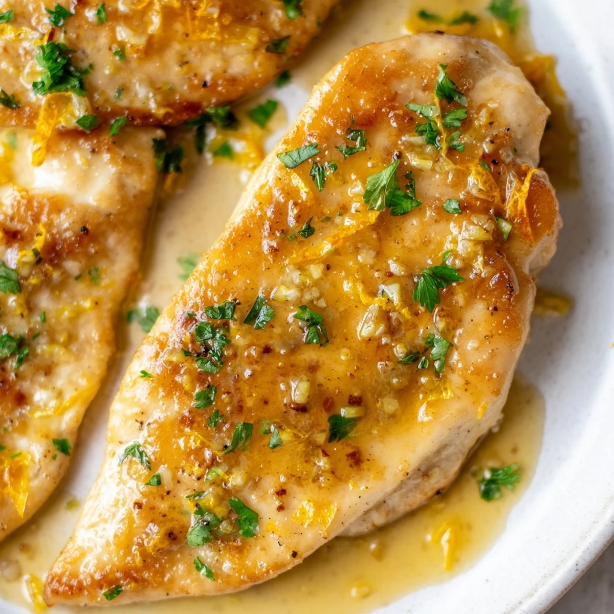 Golden lemon garlic butter chicken nestled in a bright pan sauce with fresh parsley