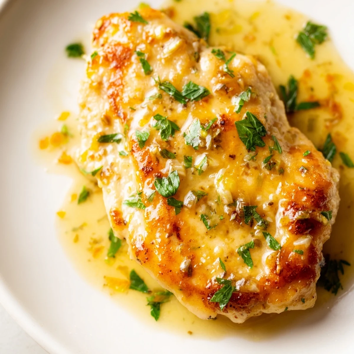 Crispy lemon garlic butter chicken plated with a creamy garlic lemon sauce and herb garnish
