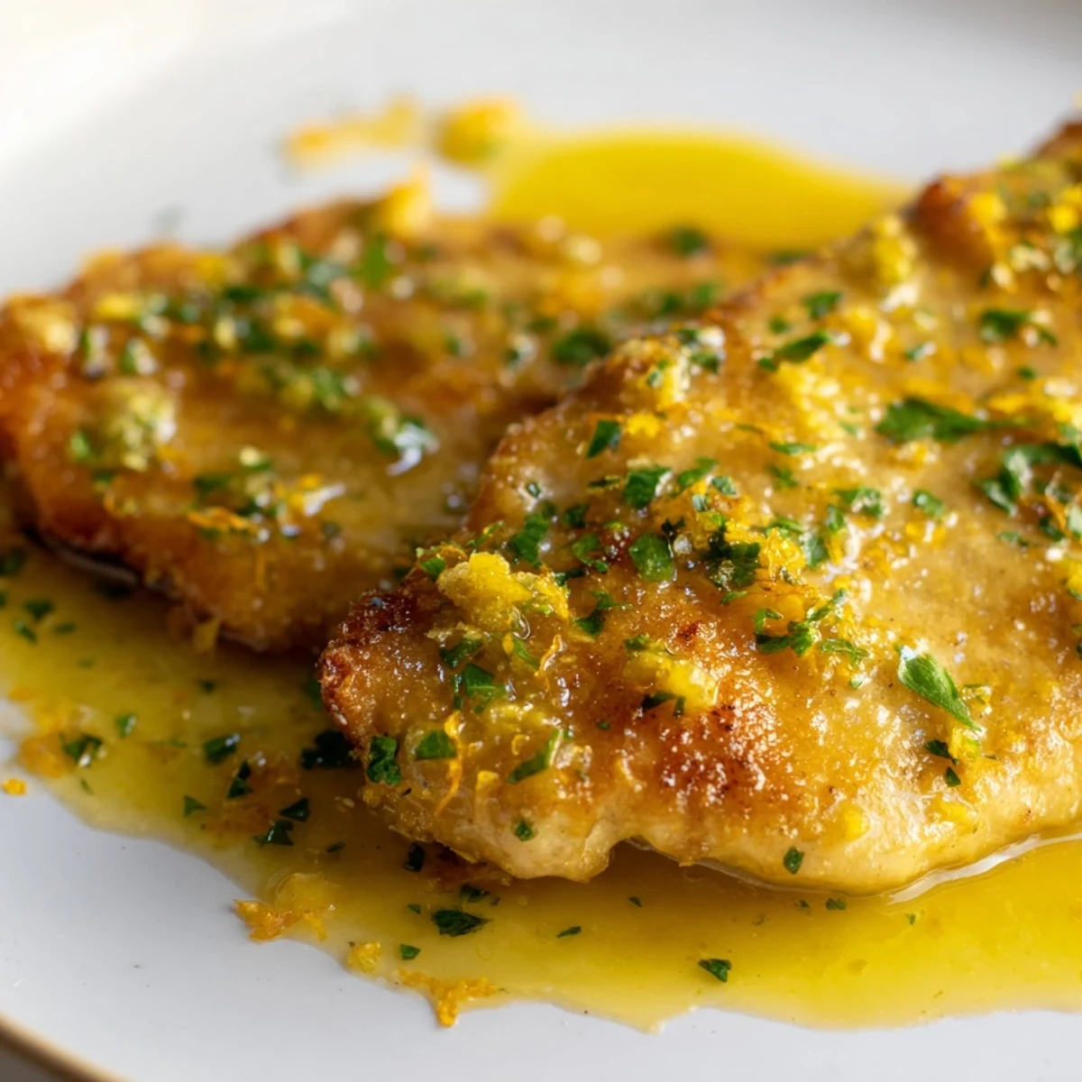 Pan-seared lemon garlic butter chicken drizzled with glossy citrus sauce over a white plate