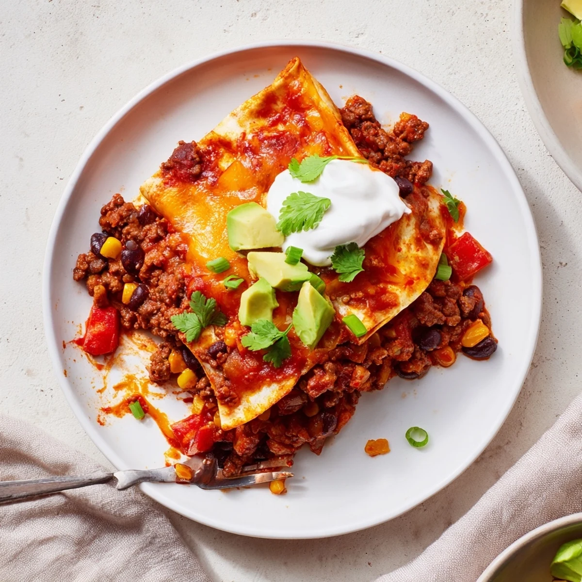 One-pan Beef Skillet Enchiladas sizzling in cast-iron, ready for a scoop
