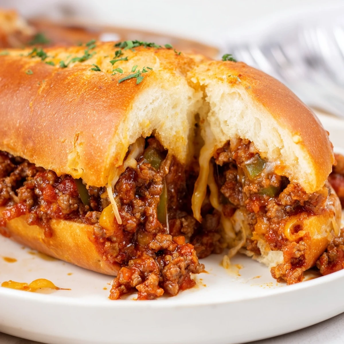 Garlic Bread Sloppy Joes with bubbling mozzarella, buttery crust and savory beef.