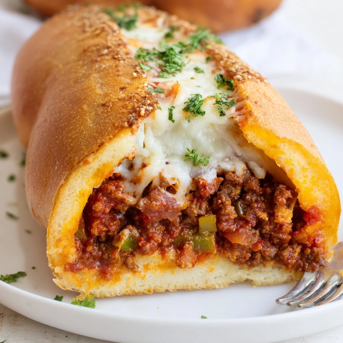 Toasted Garlic Bread Sloppy Joes oozing tangy tomato filling, sprinkled with parsley.