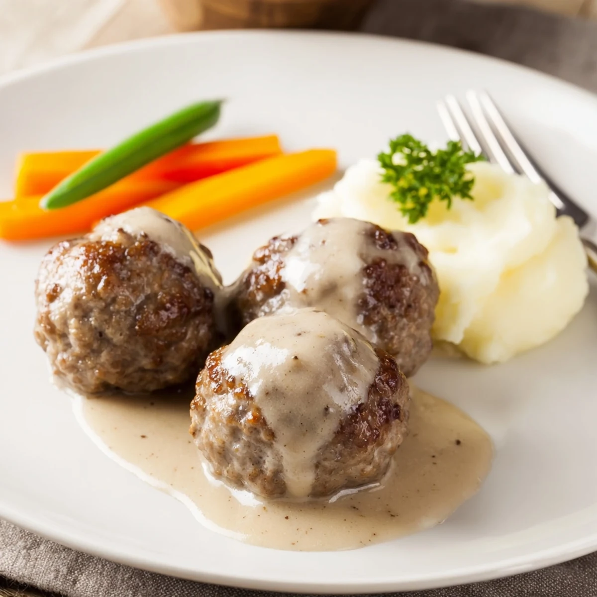 Plate of steaming Homemade Ikea Meatballs coated in creamy gravy over mashed potatoes
