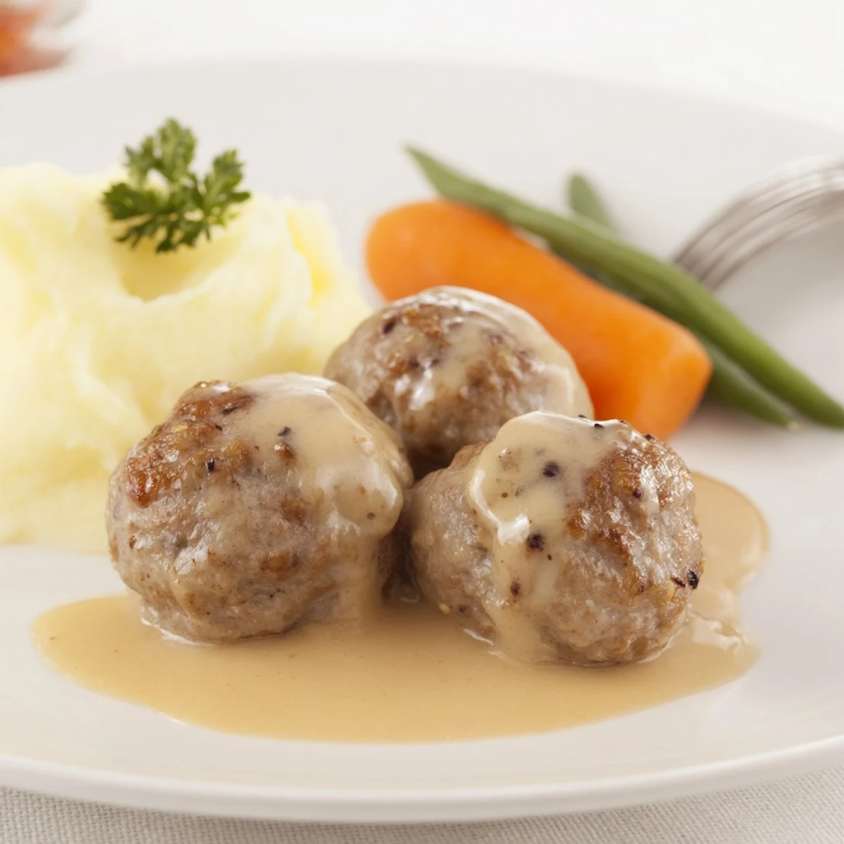 Rustic bowl of Homemade Ikea Meatballs garnished with lingonberry jam and steamed vegetables