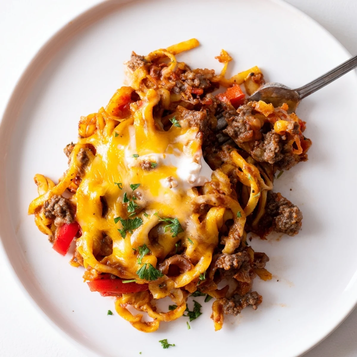 Beef Noodle Casserole bubbling with melted cheddar, golden edges, family-style dinner.