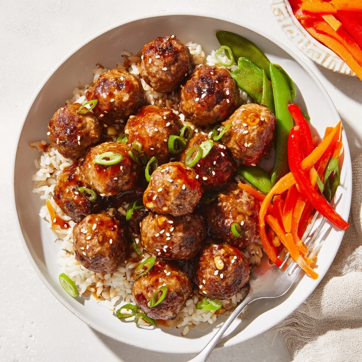 Glossy Hello Fresh Firecracker Meatballs glazed in fiery-sweet sauce over jasmine rice