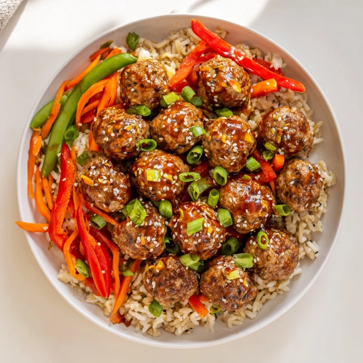 Steaming Hello Fresh Firecracker Meatballs with crisp sautéed vegetables and sesame seeds