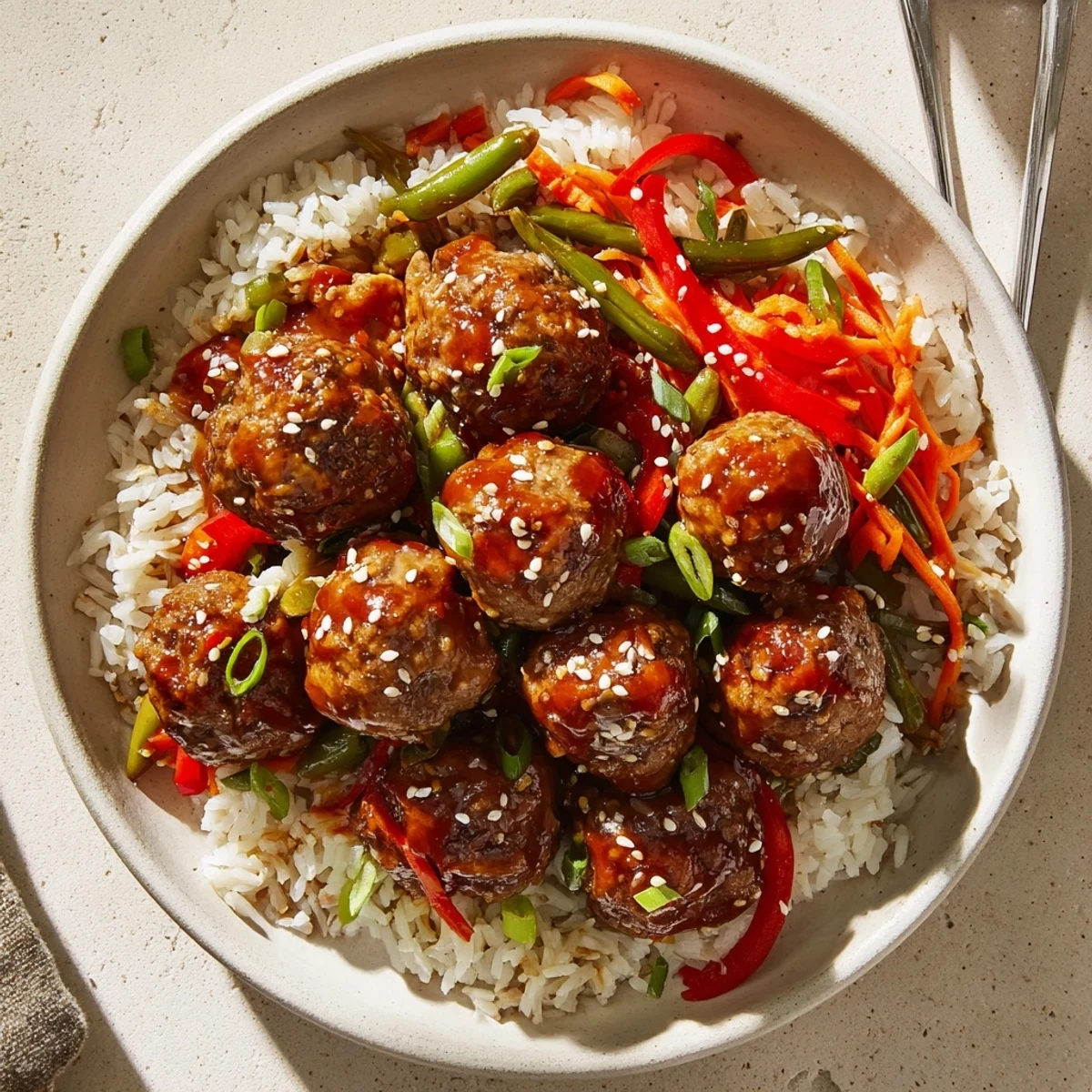 Weeknight Hello Fresh Firecracker Meatballs tossed in spicy honey sauce, garnished with scallions