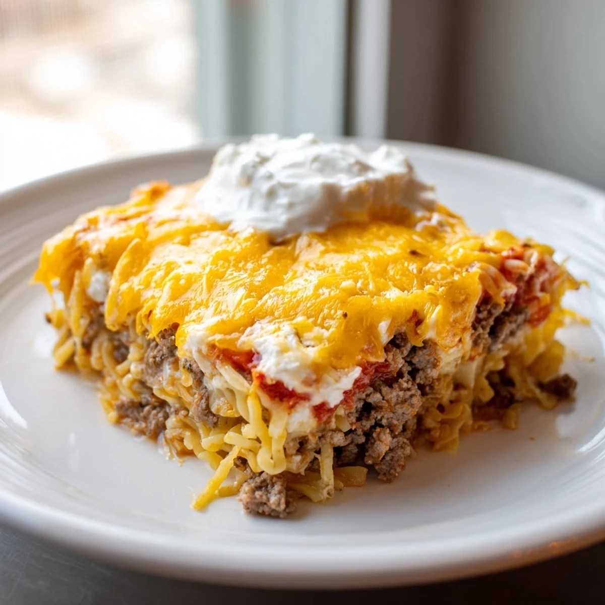 Beef Lombardi Casserole bubbling golden, cheddar crust and tomato scented beef filling