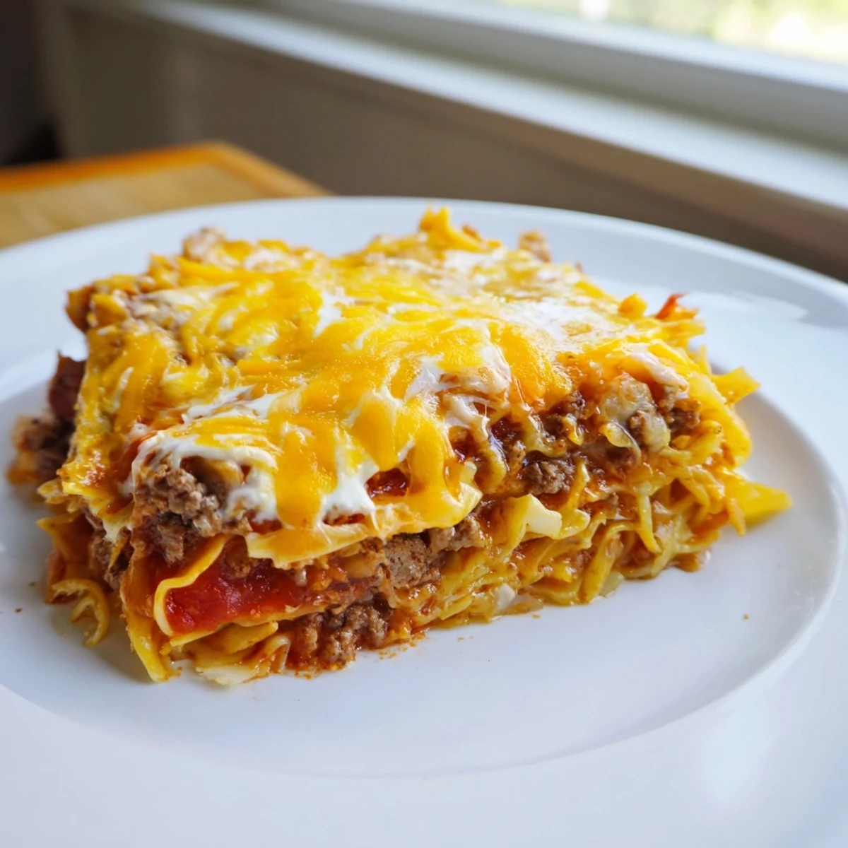 Warm Beef Lombardi Casserole layered with creamy cottage cheese, noodles, herbs