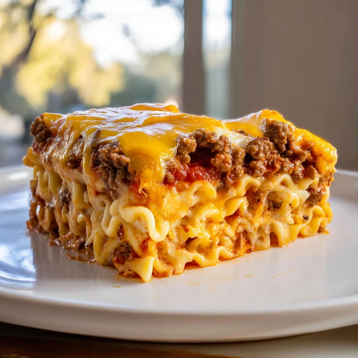 Slice of Beef Lombardi Casserole on plate beside salad and crusty bread
