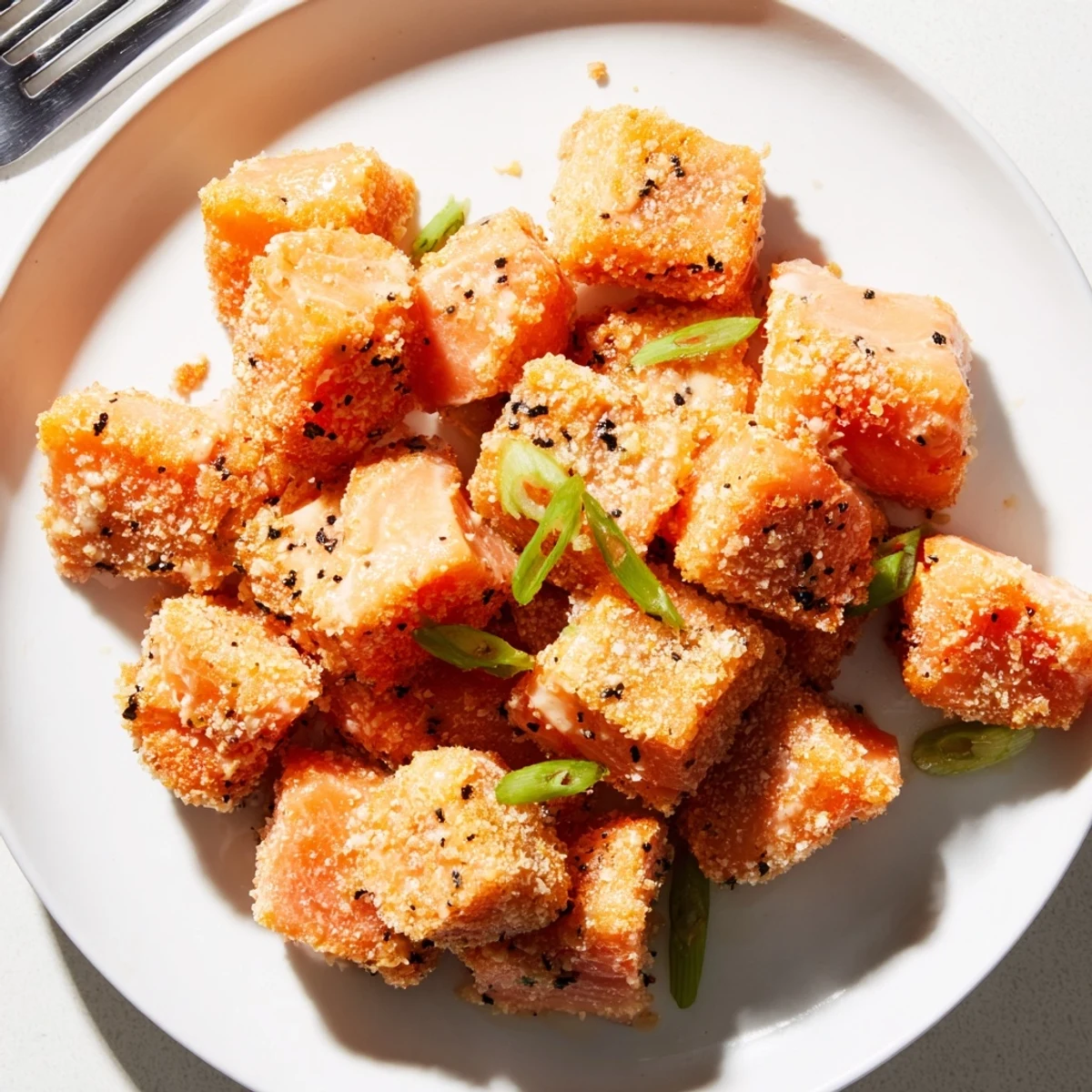 Pan-fried Bang Bang Salmon Bites served over jasmine rice with sesame.