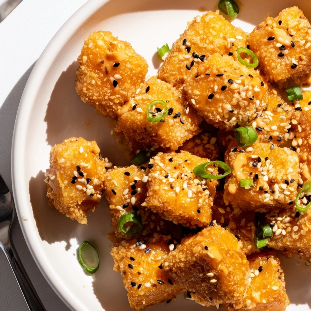 Golden crispy Bang Bang Salmon Bites tossed in creamy spicy sauce, scallions.